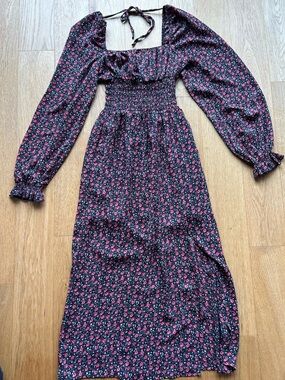 Floral Smocked Midi Dress with Puff Sleeves - Black & Pink